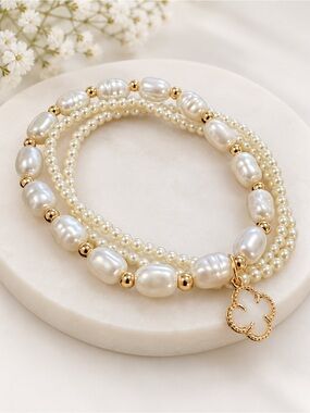 Mandalay & Co. Freshwater Pearl Clover Charm Bracelet Set Gold